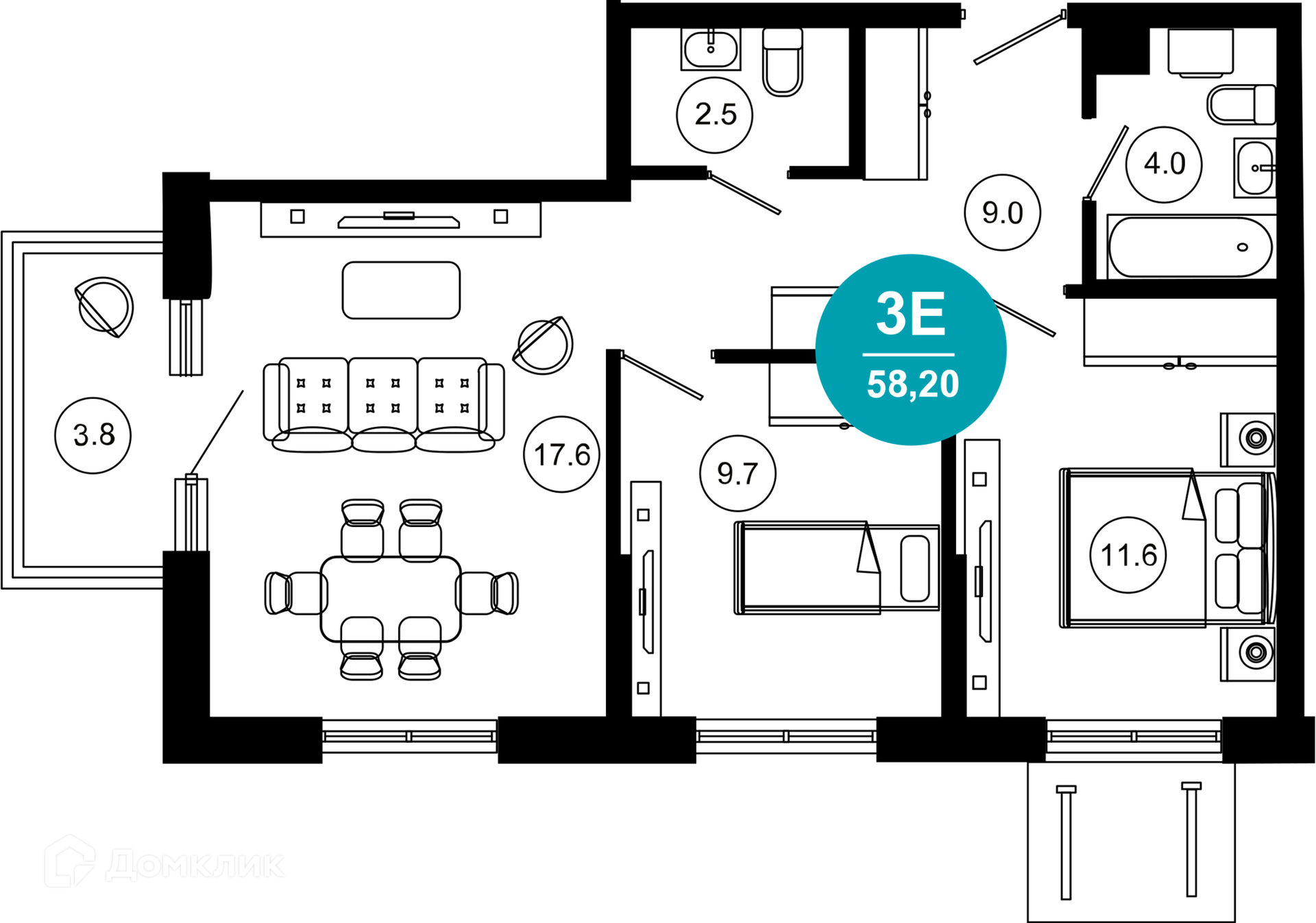 3-комнатная квартира, 58.20 м², 2/10 эт.