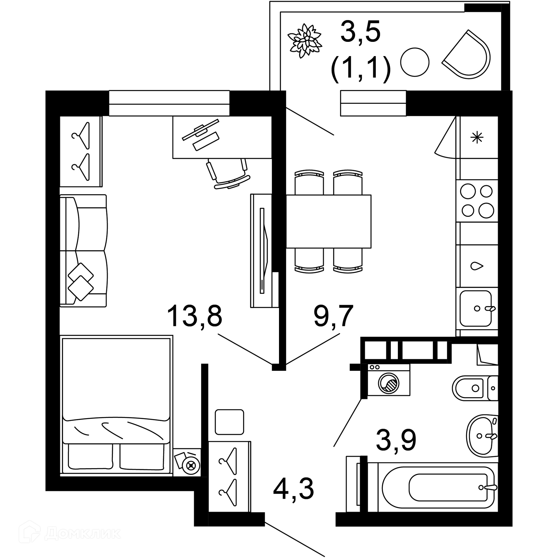 1-комн 32.80 м² - фото 1