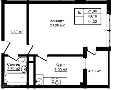 1-комнатная квартира, 44.32 м², 2/12 эт.