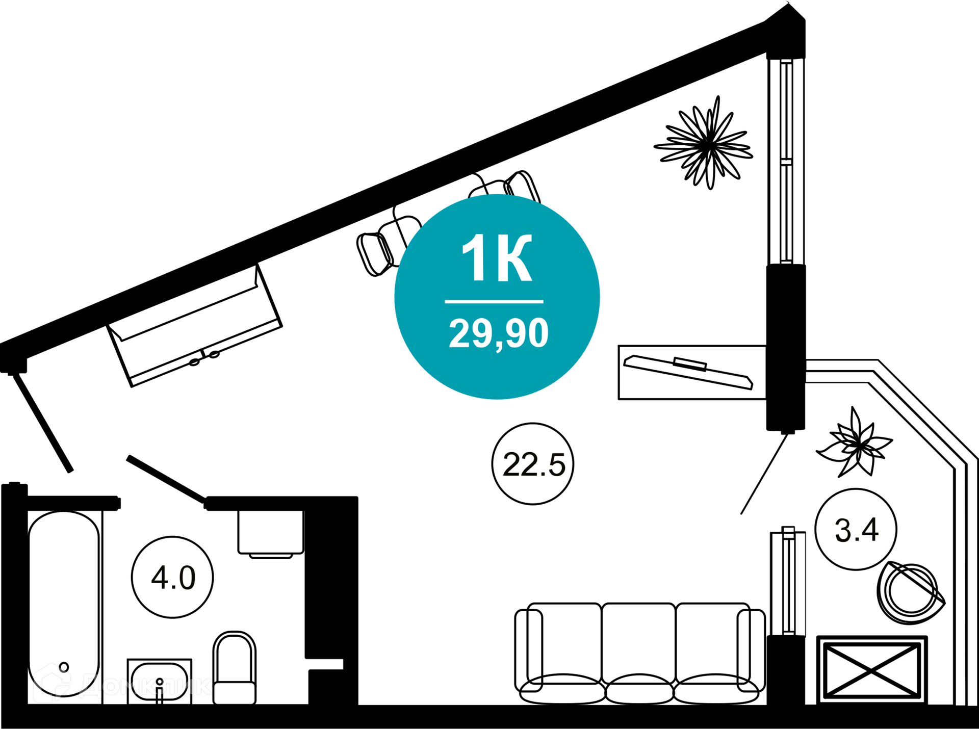 1-комнатная квартира, 29.90 м², 4/10 эт.