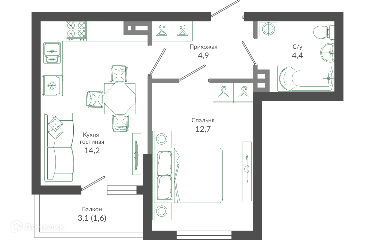 1-комнатная квартира, 38.10 м², 2/12 эт.