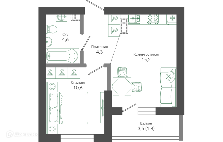 1-комнатная квартира, 36.70 м², 1/12 эт.