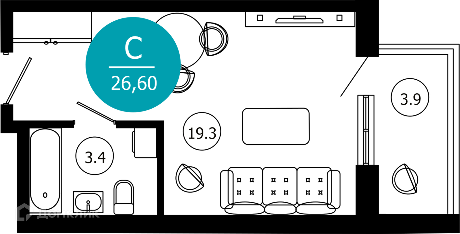 1-комнатная квартира, 26.60 м², 4/10 эт.