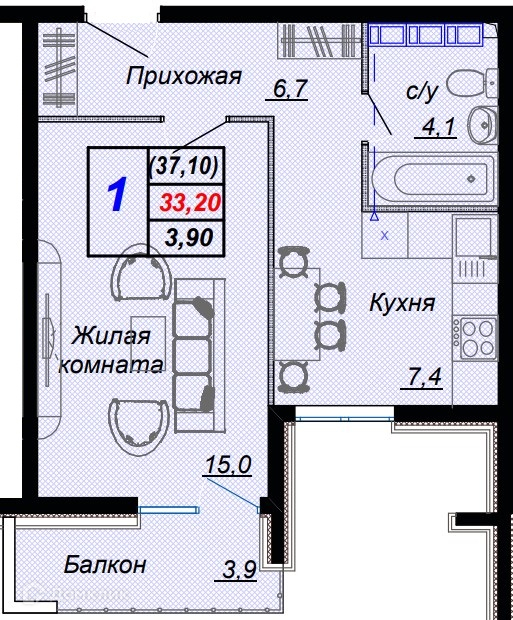 1-комн 37.10 м² - фото 1