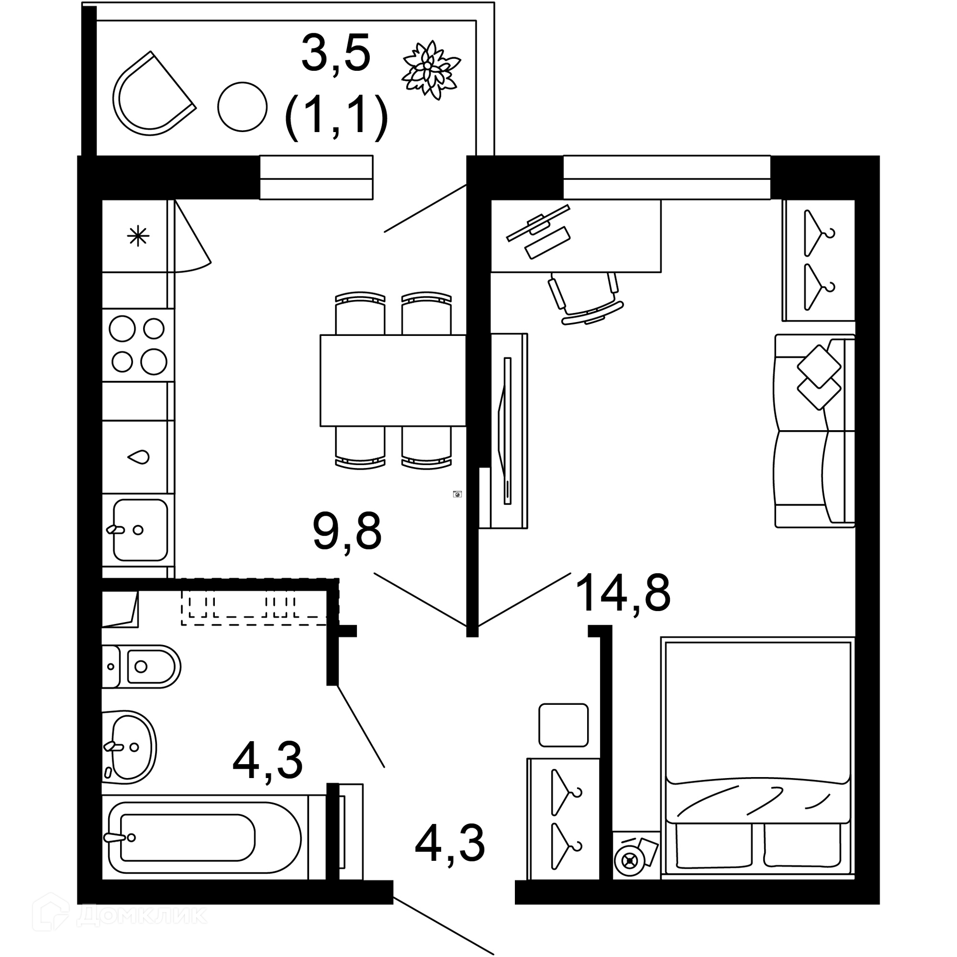 1-комнатная квартира, 34.30 м², 1/12 эт.