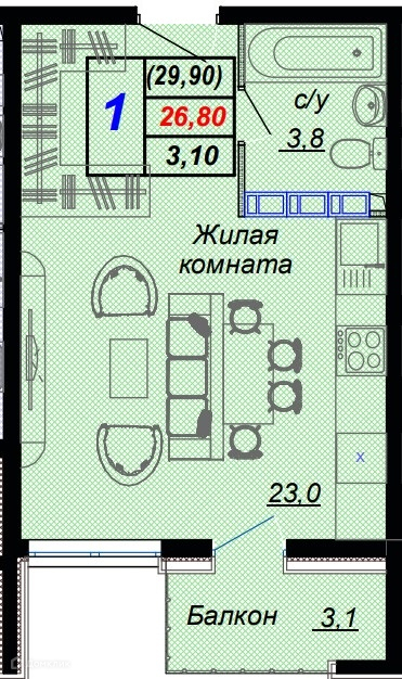 Студия, 29.90 м², 12/16 эт.