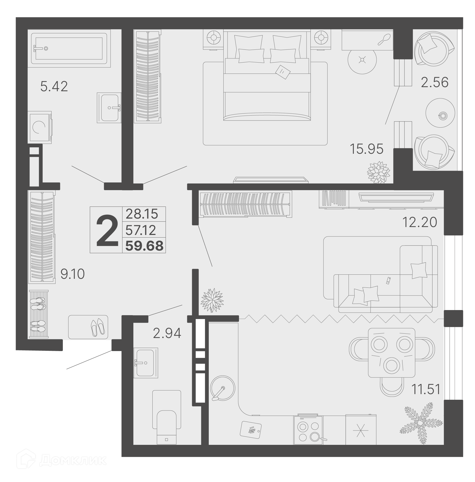 2-комн 58.40 м² - фото 1