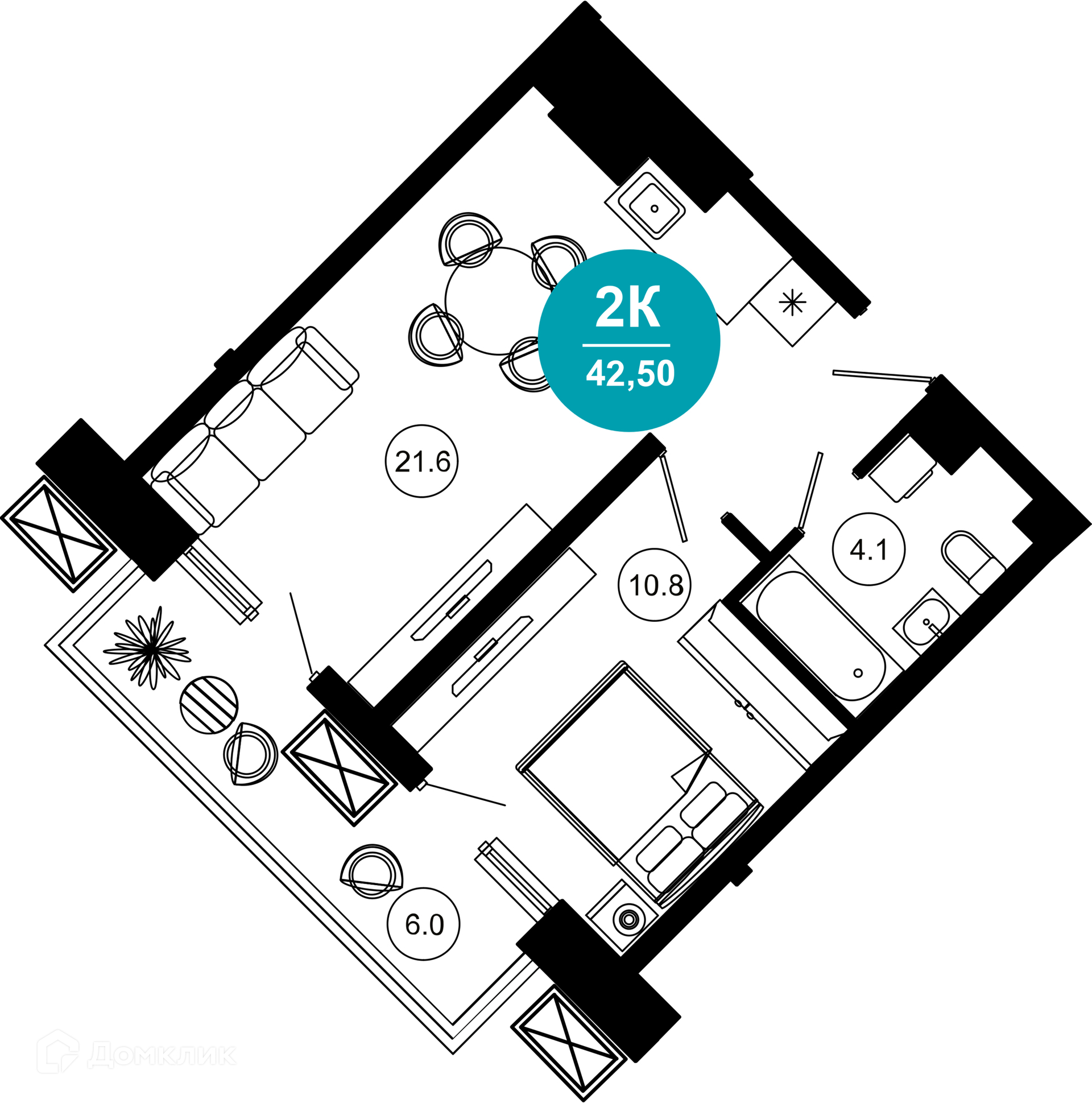2-комнатная квартира, 42.50 м², 2/10 эт.
