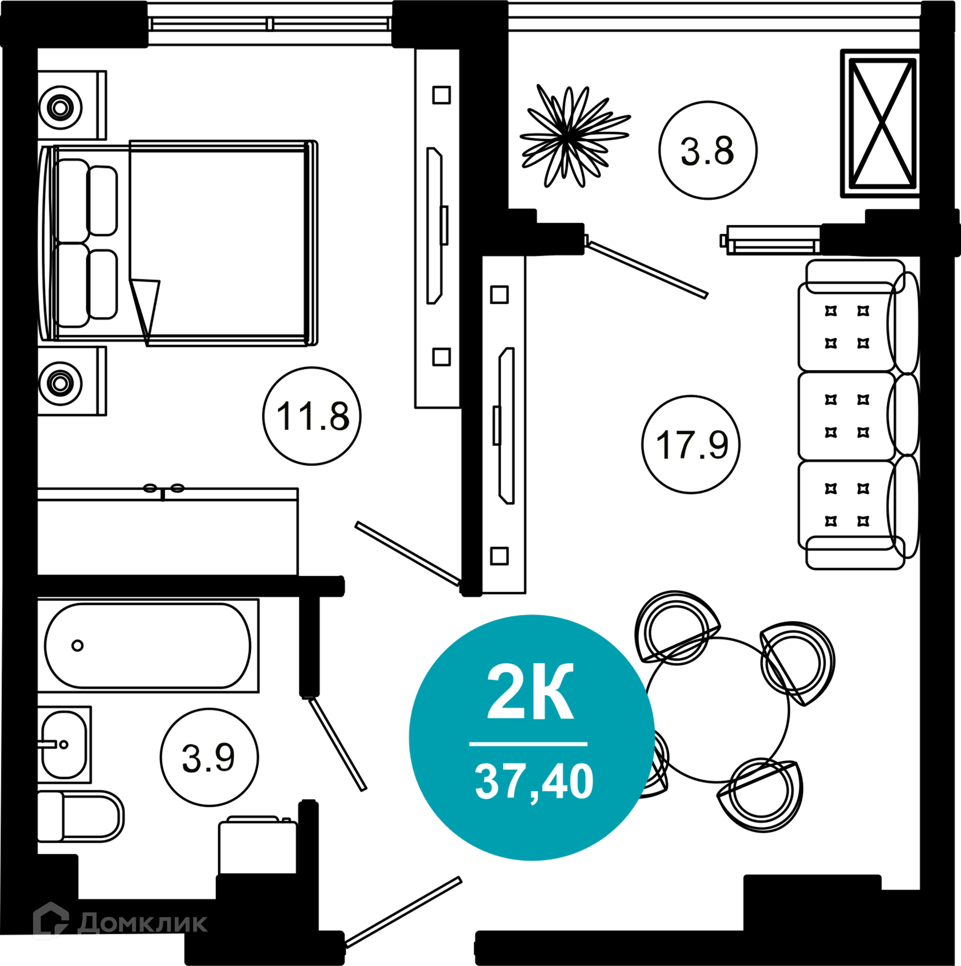 2-комнатная квартира, 37.40 м², 3/10 эт.