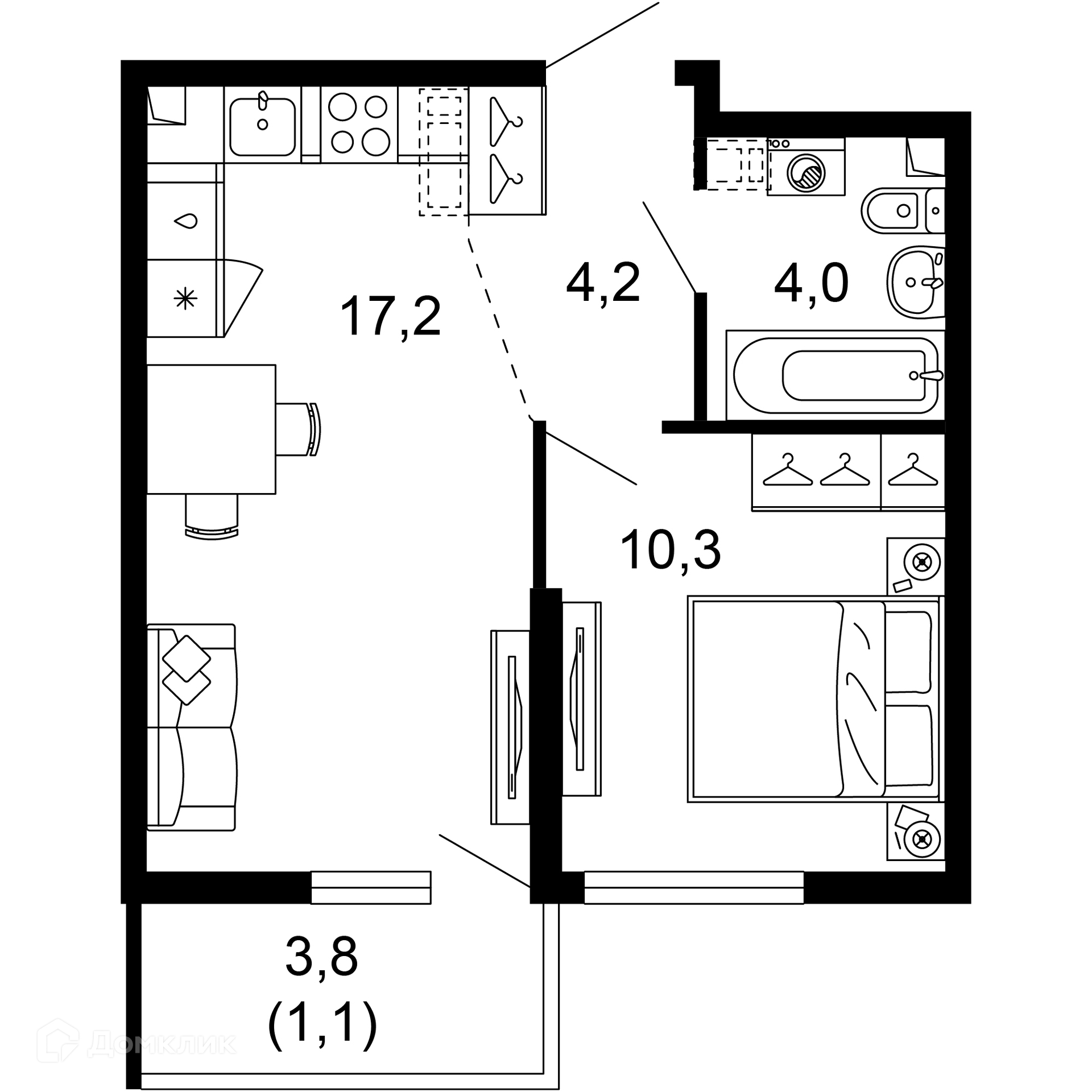 1-комнатная квартира, 36.80 м², 1/17 эт.