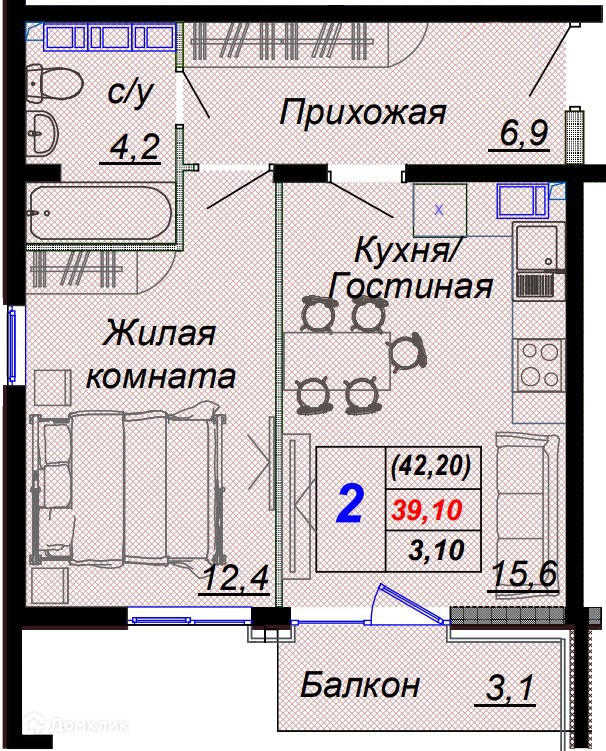 2-комн 42.20 м² - фото 1