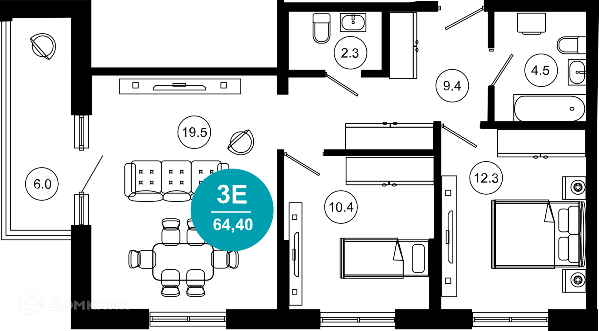 3-комнатная квартира, 64.40 м², 3/10 эт.