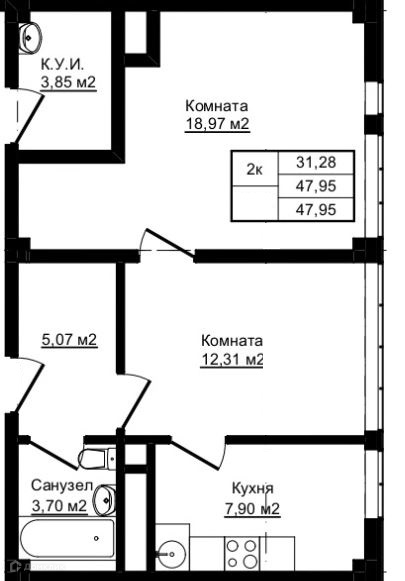 2-комн 47.95 м² - фото 1