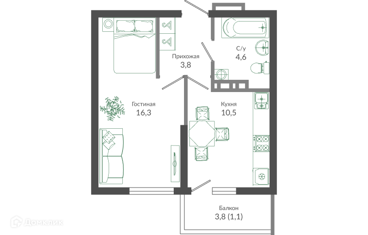 1-комн 36.60 м² - фото 1