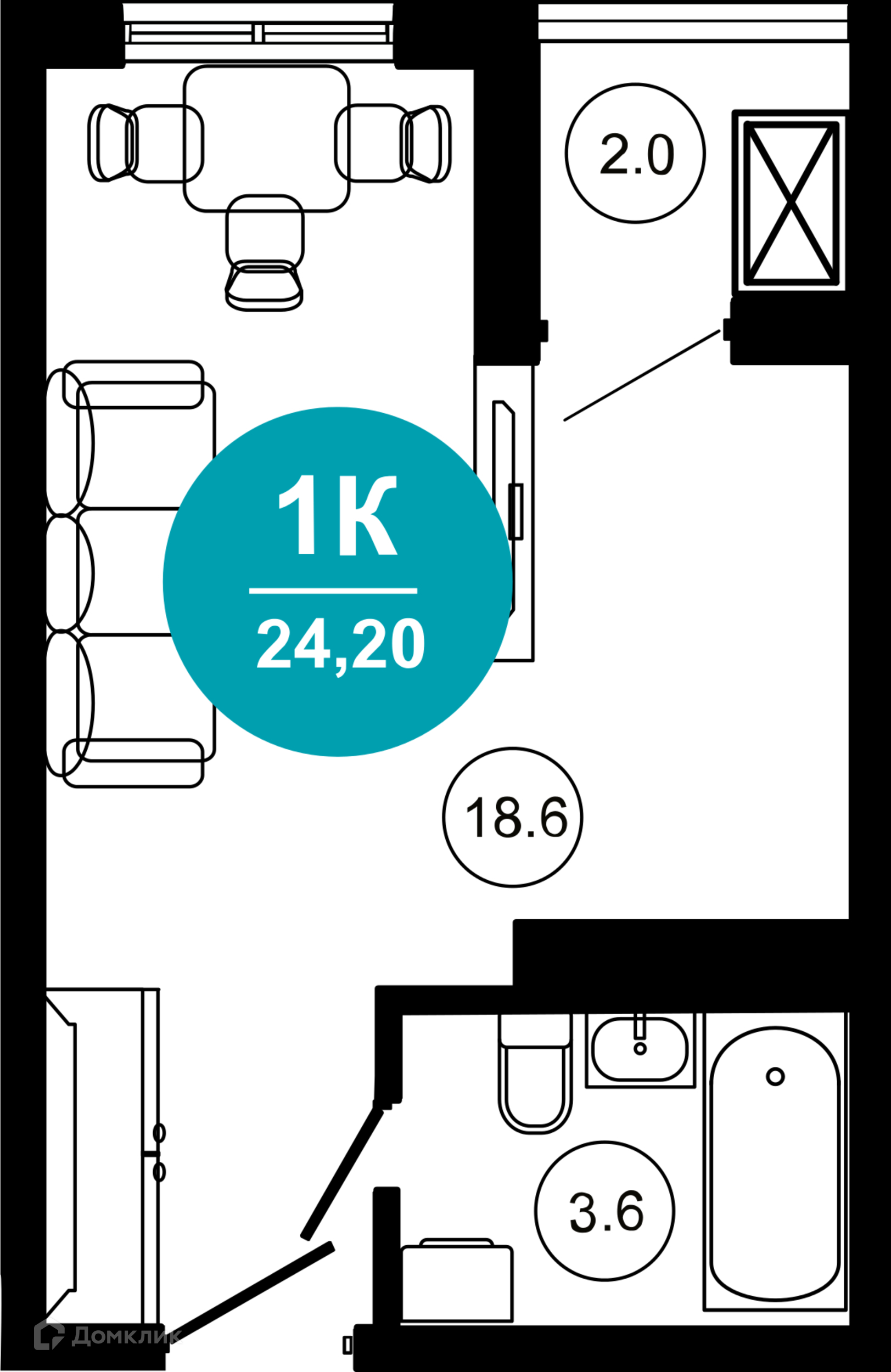 1-комнатная квартира, 24.20 м², 4/10 эт.