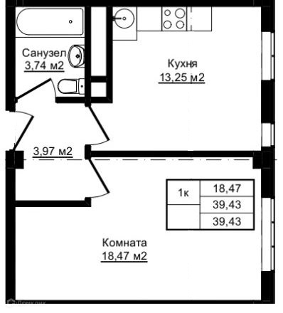 1-комн 39.43 м² - фото 1