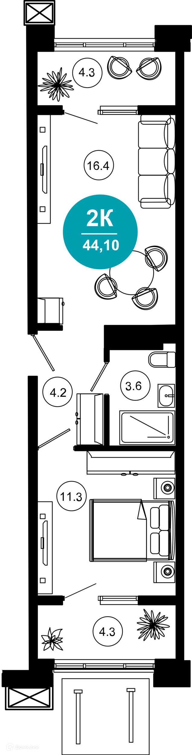 2-комнатная квартира, 44.10 м², 2/10 эт.