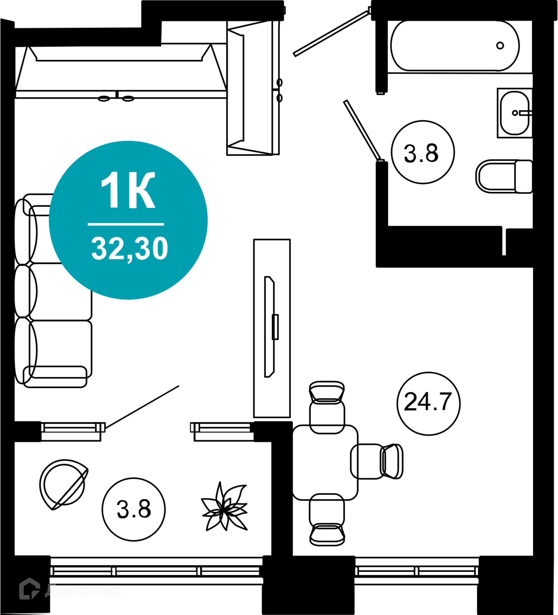 1-комнатная квартира, 32.30 м², 2/10 эт.
