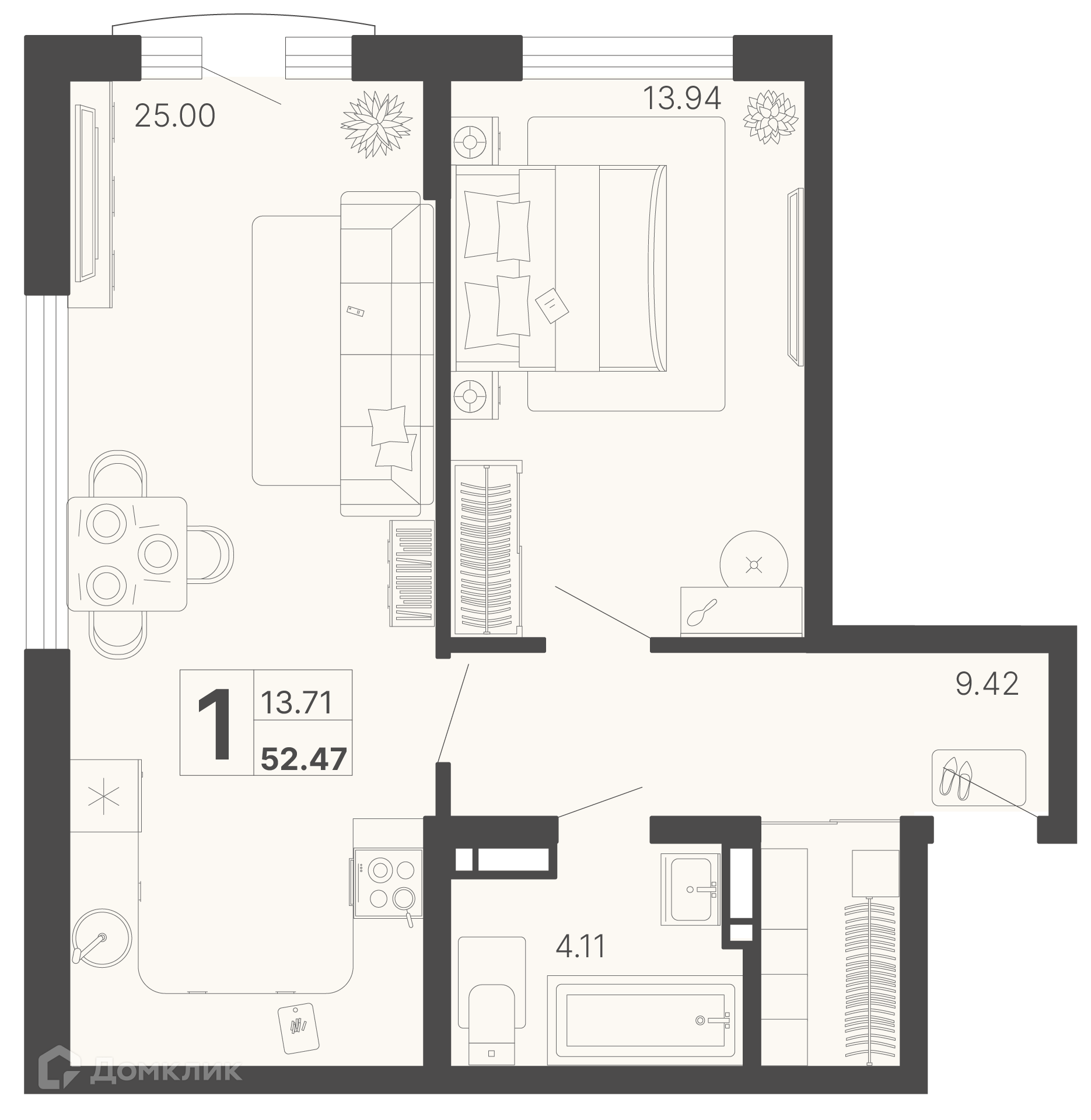1-комн 52.47 м² - фото 1