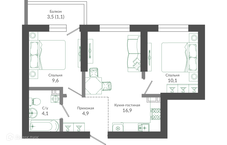 2-комн 46.80 м² - фото 1