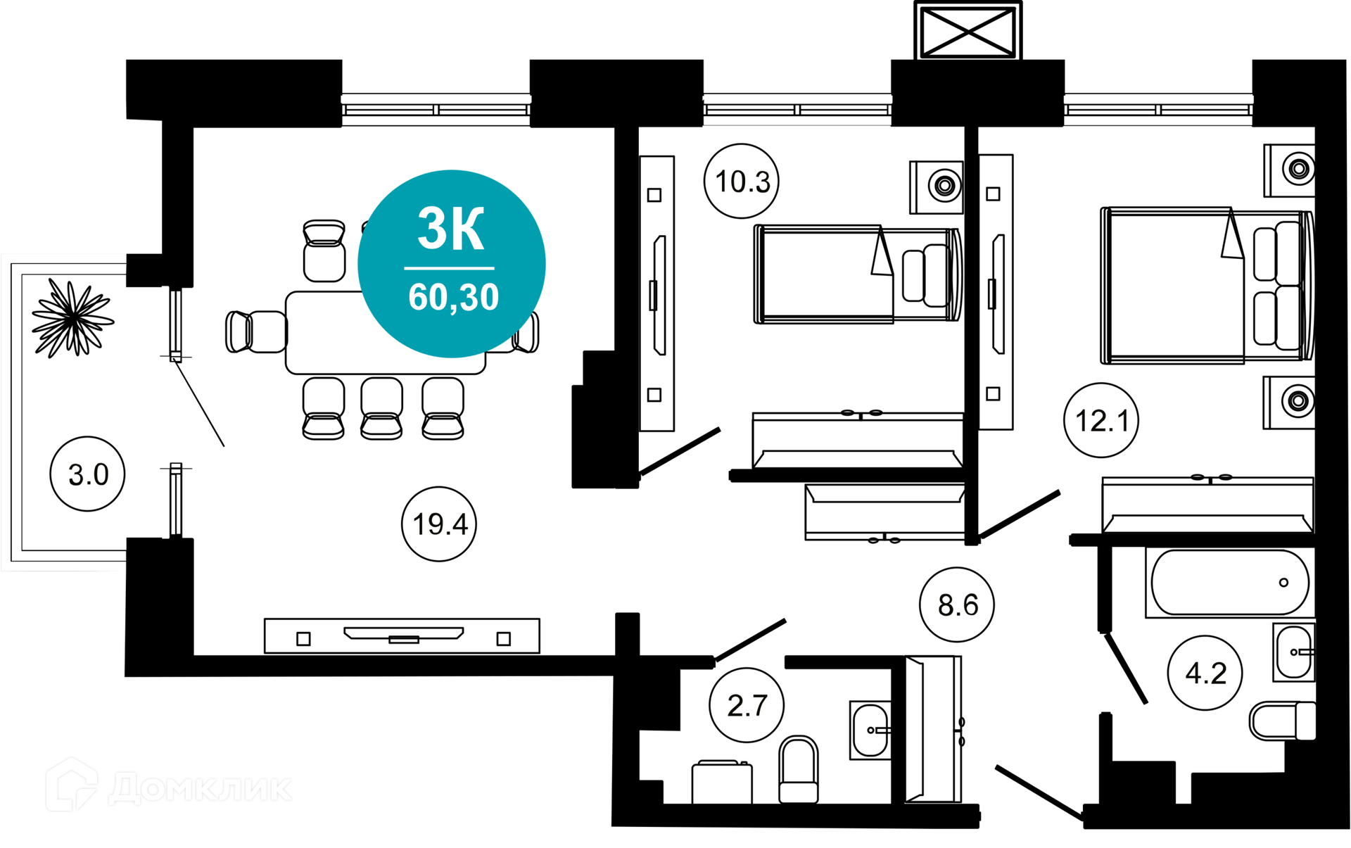 3-комнатная квартира, 60.30 м², 2/10 эт.